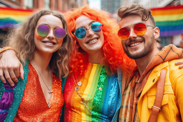 Photo of a group of people with rainbow colored hair and sunglasses celebrating pride and LGBT culture