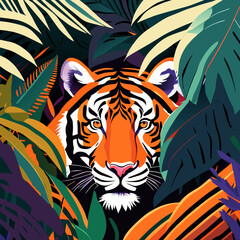 Tiger face among tropical leaves. Seamless pattern. Vector illustration.