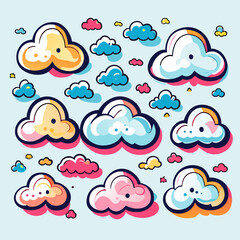Set of cartoon clouds in different shapes and colors. Vector illustration.