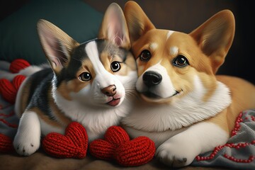 Cute cat and corgi dog are lying on a white bed together surrounded by knitted red hearts, hyperrealism, photorealism, photorealistic