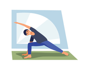 Cartoon young guy bends to sides. Training time. Active and healthy lifestyle. Yoga and fitness. Doing workout indoor. Vector flat style illustration on white background