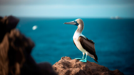 Blue footed Booby (Sula Nebouxii) Bird Standing on Coastal Rock. Galapagos Nature, Marine Wildlife.
