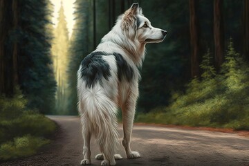 Side view of dog standing on road in forest, hyperrealism, photorealism, photorealistic