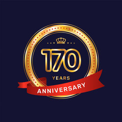 170 year anniversary logo with gold ring and red ribbon, vector template