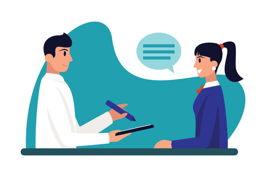 Smiling cartoon girl interviewing man for job. Process of selecting resumes and talking with candidates. Human resource management. Vector flat style illustration