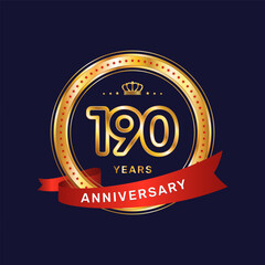 190 year anniversary logo with gold ring and red ribbon, vector template