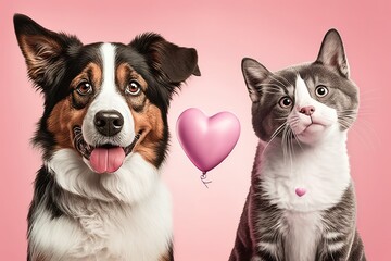Fototapeta na wymiar Cute dog and cat with valentine heart shape balloon on pink background. Photograph of Valentine's day card with adorable dog. Generative AI, hyperrealism, photorealism, photorealistic