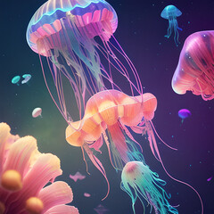Naklejka premium Jellyfish under water, bright abstract purple blue color, photorealistic illustration, Generative AI