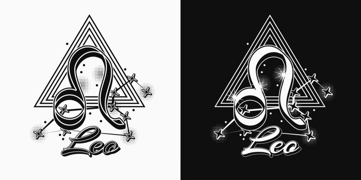 Black and white icon of zodiac sign Leo with constellation with stars, text, triangle as alchemical symbol for fire element. Horoscope esoteric elements. Vintage style.