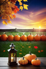 Naklejka na ściany i meble Happy Halloween. Background for the design of a halloween card, pumpkins, leaves, lanterns on a wooden background. Generative AI