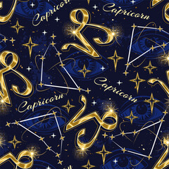 Seamless pattern with golden icon of zodiac sign Capricorn, constellation with stars, text, third eye, all seeing eye on blue background. Esoteric concept For prints, clothing, t shirt, surface design