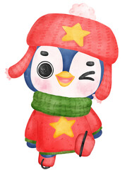 cute christmas penguin cartoon skating watercolor hand painting cartoon animal character