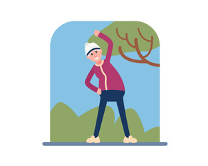 Smiling cartoon elderly man doing side bending exercise in street. Senior men having active lifestyle. Going to work. Cartoon characters of people on retirement. Happy old age. Vector