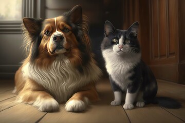 Fototapeta na wymiar Cat and dog friendship, hyperrealism, photorealism, photorealistic