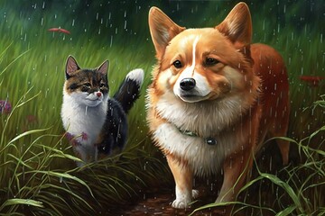 Furry friends red cat and corgi dog walking in a summer meadow under the drops of warm rain, hyperrealism, photorealism, photorealistic