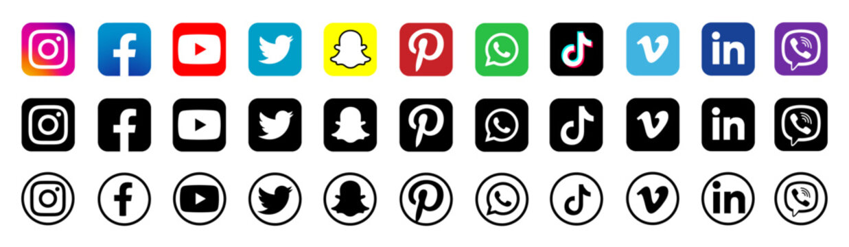 Popular social media new icon collection. Square and round shape Black & white logos set. Editorial flat style vector illustration. Instagram, Facebook, Twitter, Viber, Tik tok, YouTube,linkedin