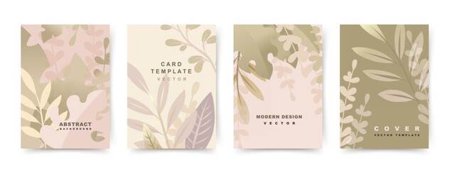Abstract backgrounds in modern style with leaves and plants in pastel colors. Trendy vector template for cover design, invitation, poster, flyer, social media, banner, leaflet, presentation, card