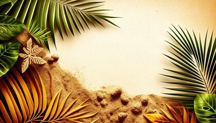 Abstract sand background with palm leaves, space for a text backdrop