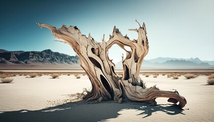 Abstract dry snag on a sand landscape, atmospheric sky, hot desert