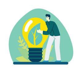 Smiling cartoon guy holding eco lamp. cartoon characters using alternative sources of energy. Usage of renewable sources of energy. Clean sustainable electricity. Vector