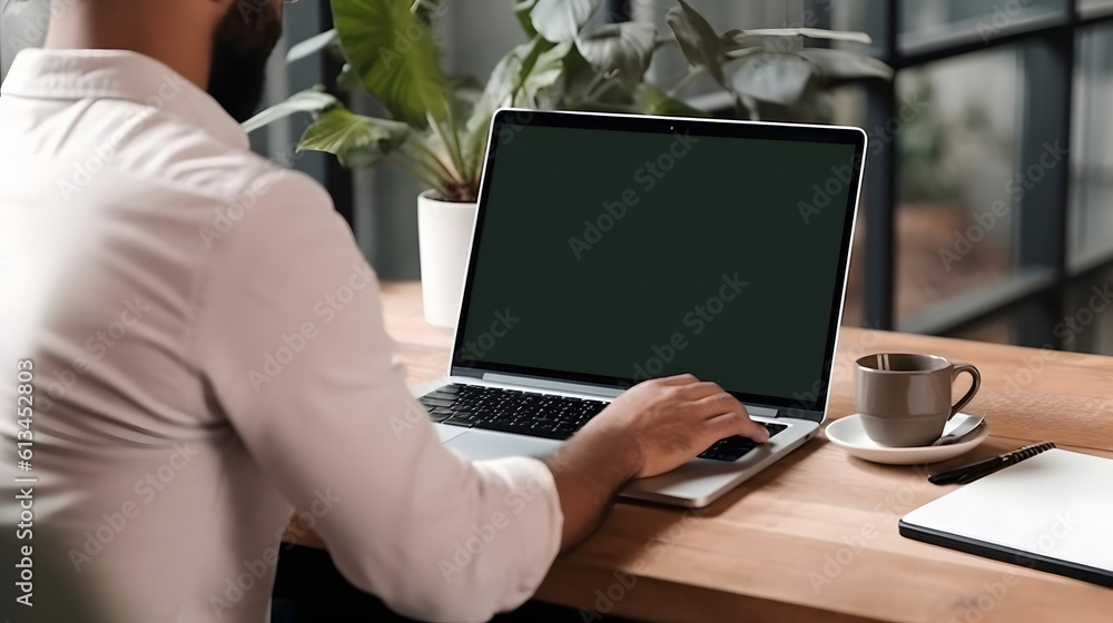 Poster young man using laptop computer with blank empty mockup screen. business man working at home. freela