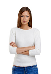 Fashion, portrait and serious woman with arms crossed isolated on a transparent png background....