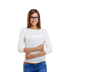 Young woman, student and laptop with glasses isolated on a transparent, png background for education. Gen z female person with a computer for e learning, online course or scholarship to study