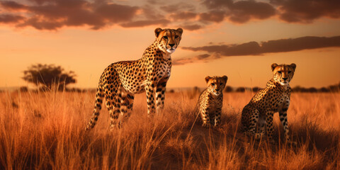 Cheetah family in the savannah at sunset. Generative AI