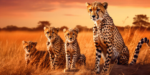 Obraz premium Cheetah family in the savannah at sunset. Generative AI