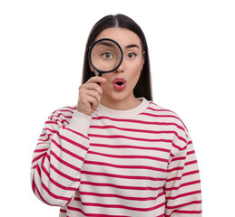 Curious young woman looking through magnifier glass on white background