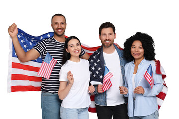 4th of July - Independence day of America. Happy friends with national flags of United States on white background