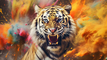Tiger among explosions of multi colored paint. Multicolored fluid. AI Generative.