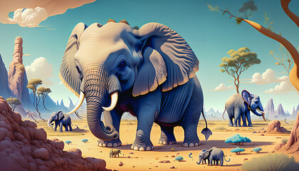 Ancient Wonder: Baby Elephant in a Prehistoric Landscape.