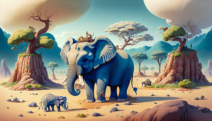 Ancient Wonder: Baby Elephant in a Prehistoric Landscape.