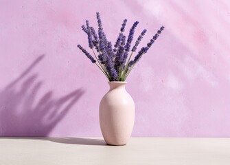 Romantic background. Fresh natural lavender in a pink cup against a white wall background. Side view, space for text. Created with Generative AI technology.