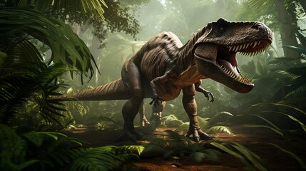 Dinosaur on tropical jungle background. Generative AI