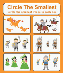 Educational game for preschool and kindergarten children circle the smallest object in each box of cute cartoon character fairytale mediaeval kingdom theme. Printable activity page for kids. Vector fi