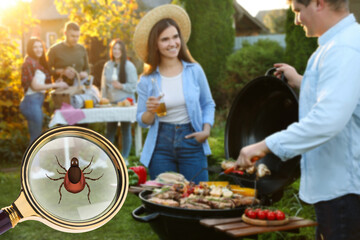 Seasonal hazard of outdoor recreation. Happy friends having barbeque party outdoors. Illustration of magnifying glass with tick, selective focus