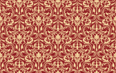 Wallpaper in the style of Baroque. Seamless vector background. Gold and red floral ornament. Graphic pattern for fabric, wallpaper, packaging. Ornate Damask flower ornament