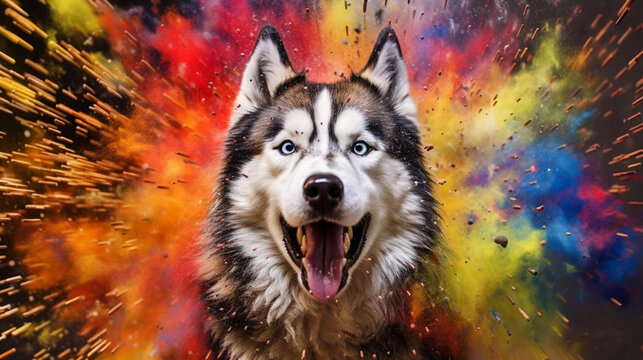 Husky among explosions of multi colored paint. Multicolored fluid. AI Generative.
