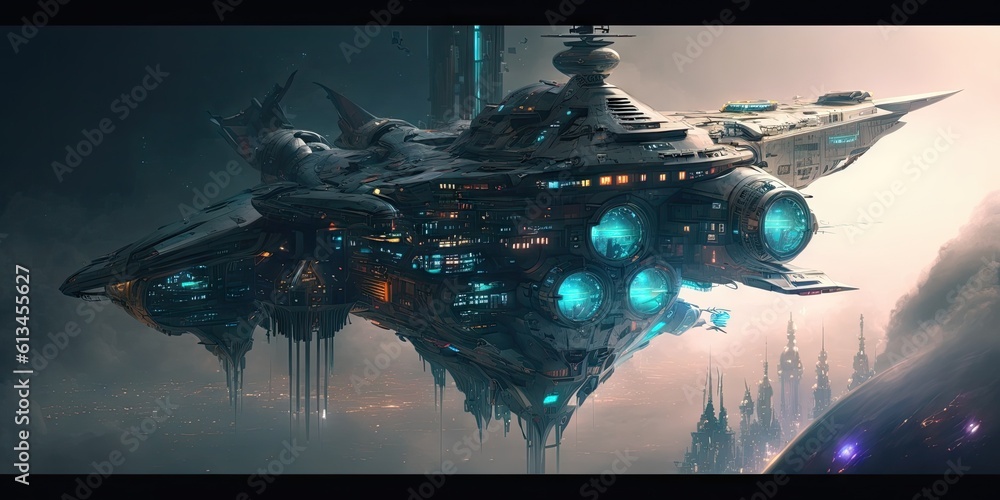 Aufkleber cyber punk spaceship seen from above. glorious generative ai.
