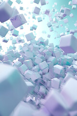 Colorful composition of flying figures on light metallic blue mint background. Glowing spheres cubes in motion . Futuristic gradient poster. Generative AI. High quality illustration