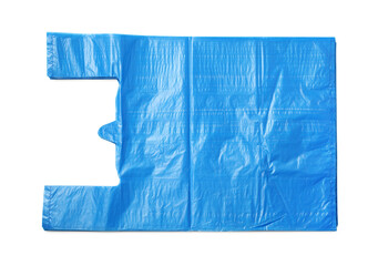Stack of light blue plastic bags isolated on white, top view