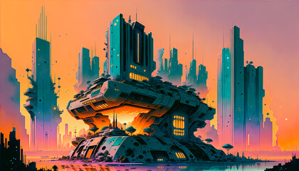 Fading Cityscape: Abandoned Structures in Futuristic Metropolis at Sundown - A Science Fiction Tale.