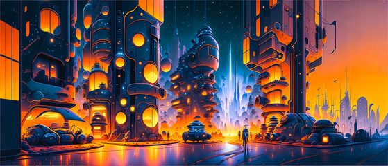 Nocturnal Metropolis: Sci-Fi Artwork of an Old Street in Futuristic Nightfall., Generative AI