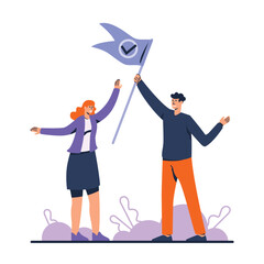 Cheerful cartoon colleagues raise flag with successful completion of their work. Path to targets achievement. Support and successful teamwork. Career goals for employees. Vector
