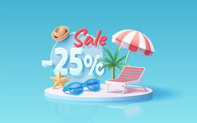 Summer time banner sale -25 Percentage, beach umbrella with lounger for relaxation, sunglasses, seaside vacation scene. Vector illustration