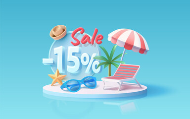 Summer time banner sale -15 Percentage, beach umbrella with lounger for relaxation, sunglasses, seaside vacation scene. Vector illustration