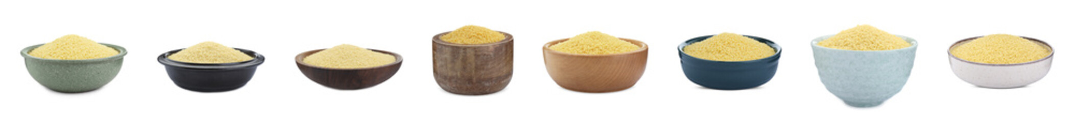 Collage with raw couscous in different bowls on white background