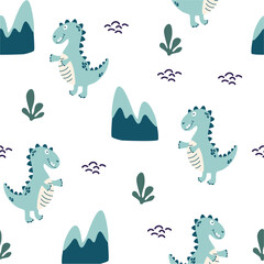 Dino seamless pattern. Animal seamless background, cute vector texture for kids bedding, fabric, wallpaper, wrapping paper, textile, t-shirt print. Vector Kids dinosaurs background  © PawLoveArt